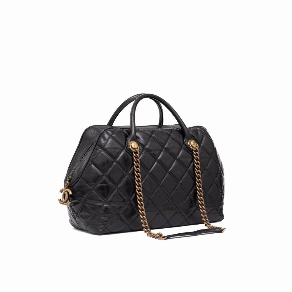 Chanel 2013-2014 Castle Rock Bowler Shoulder Bag Black Quilted Glazed Calfskin